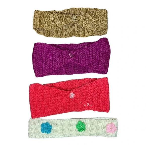 HANDMADE CROCHET KNITTED HEADBANDS SET OF 4 GREEN PURPLE RED WHITE FLORAL - Picture 4 of 5